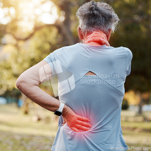 Image of Senior woman, neck and back pain, red and injury accident from exercise or training on an outdoor park. Fitness, cardio and female with muscle sprain, hurt spine or medical emergency after workout