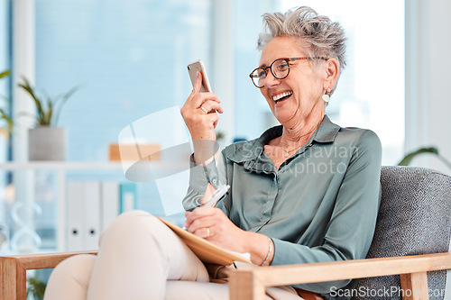 Image of Senior, business and woman on mobile video call while writing notes and brainstorming for ideas with vision. Inspiration, cellphone video conference and mature female ceo planning in a notebook