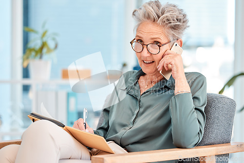 Image of Senior, business and woman on phone call while writing corporate ideas in a notebook during communication. Wifi, cellphone call and mature female ceo talking in conversation while and write notes