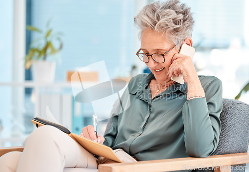 Image of Senior woman, office call and ceo phone communication of a consulting lawyer writing a schedule. Working, phone call and elderly legal worker talking about a corporate strategy and law firm vision