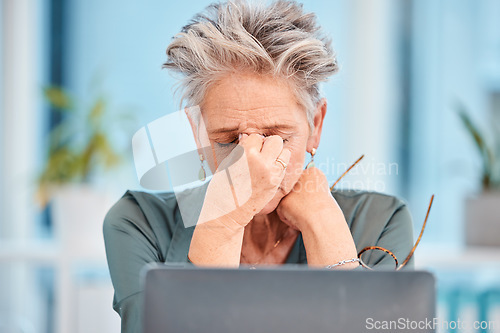 Image of Mature business woman, headache or stress with laptop 404 glitch, company finance audit or risk management crisis. Manager, ceo or leadership anxiety, burnout or mental health with fintech technology