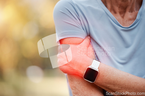 Image of Man, fitness and arm pain outdoor for exercise workout, medical emergency or accident on cardio run. Runner, shoulder inflammation and athlete injury or orthopedic arthritis with bokeh background