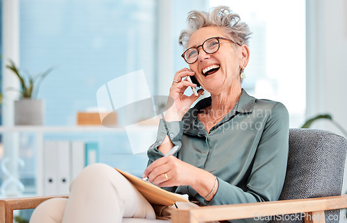 Image of Business, woman and cheerful call for networking communication using wifi for professional entrepreneurship. Phone call, ceo and mature businesswoman laughing during conversation while writing notes