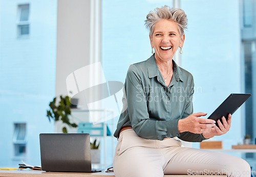 Image of Senior business woman, laughing or tablet in digital marketing planning, schedule management or calendar innovation. Smile, happy or comic manager, ceo or kpi leadership with digital technology goals