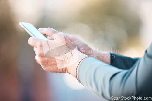 Image of Phone, app and hands of retirement woman typing on screen for email, ecommerce or social media. Communication, internet and mobile application of senior person online with 5g connectivity.