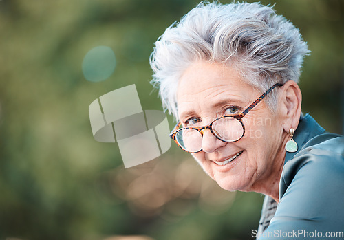 Image of Nature, portrait and senior business woman in the office garden while on her work lunch break. Happy, smile and elderly professional corporate manager standing in a park in Canada for fresh air.