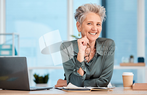 Image of Business, woman and portrait of a mature ceo proud of her startup company success in a corporate office. Mature entrepreneur, face and front of a female executive happy with her professional career