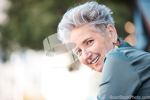 Image of City, success and portrait of senior woman outdoors thinking of future, ideas and vision for corporate company. Leadership, motivation and face of elderly female entrepreneur sitting in urban town