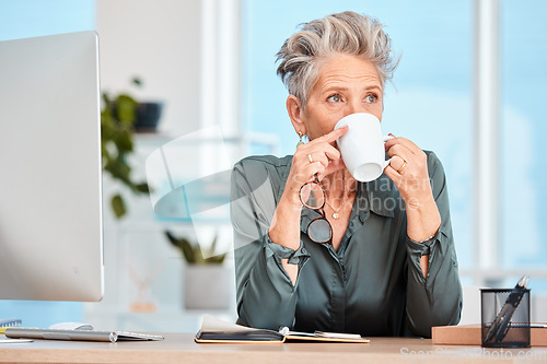 Image of Ceo, vision and coffee with a businesswoman enjoying a cup of tea while thinking of innnovative ideas. Mature executive, drink caffeine and inspired with creative professional ideas for innovation