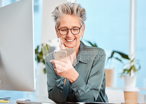 Image of Senior business woman, ceo with smartphone for company communication, technology and email check. Mature executive with cellphone, smile at social media post and manager online with 5g network.