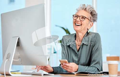 Image of Happy senior, executive woman and computer at office desk, smile and reading on social media, email or meme. Elderly manager, receptionist or communication expert with happiness, comic or funny laugh