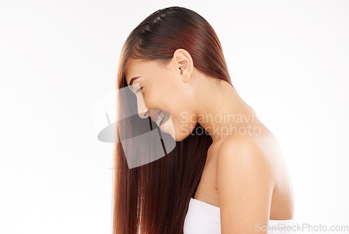 Image of Hair care, wellness and beauty hairdresser happiness of a woman after luxury hair salon treatment. Cosmetics, shampoo and haircut growth of a model excited about keratin and hair dresser style