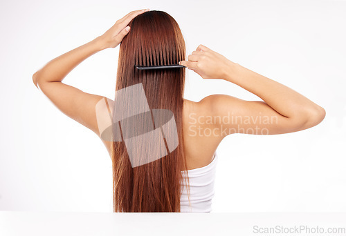 Image of Hair care, brush and back of woman with comb for haircare maintenance, self care grooming or healthy beauty treatment. Strong hair growth, spa salon hairstyle or model girl combing clean shampoo hair