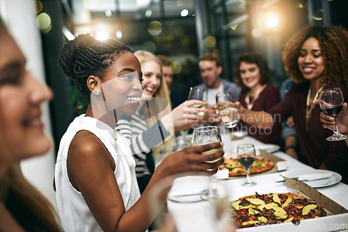 Image of Diversity, dinner and group of people toast celebration together at party. Friends, happy and celebrate with food, wine and friendship for love, support and cheers champagne at business function