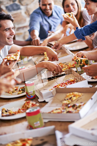 Image of Pizza, party and group of people eating fast food, lunch and meal in celebration together at restaurant, home or cafe. Happy friends enjoy social gathering at pizzeria, cafeteria table and community