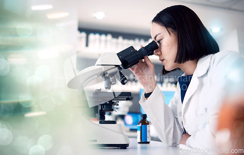 Image of Woman, laboratory or doctor with microscope for science data analysis, medical innovation or healthcare research. Scientist, futuristic or female nurse working with medicine, DNA or vaccine data exam