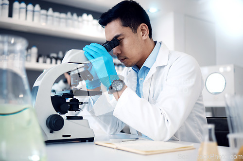 Image of Microscope, Asian man in laboratory for healthcare, science method and research innovation. Male researcher, chemist and medical professional check sample, results and lab equipment for analysis.