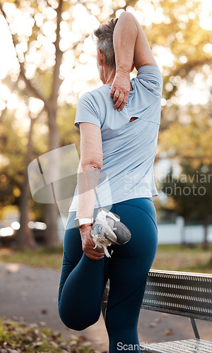 Image of Back, senior woman and stretching outdoor for workout, wellness and health. Exercise, mature female or elderly lady training, fitness and practice for balance, cardio and performance for retirement.