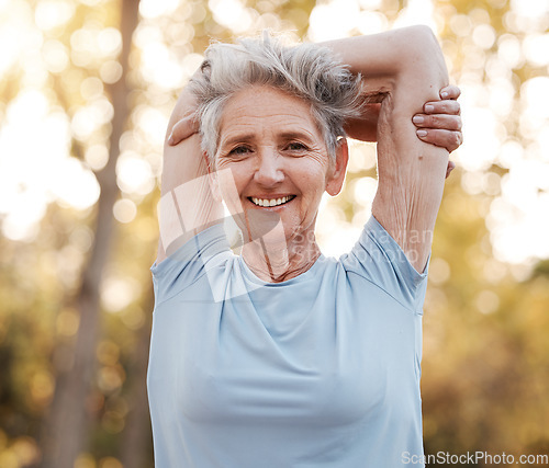 Image of Portrait, senior woman and stretching for health, wellness with smile outdoor. Retirement, mature female and elderly lady exercise, workout and fitness to relax, energy and healthy for training.