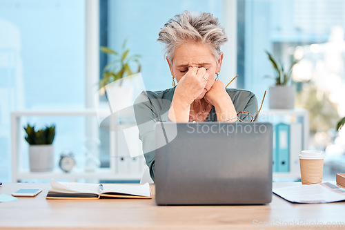 Image of Stress, headache and woman with laptop, mental health and anxiety in office. Depression, business female and entrepreneur with burnout experience, unhappy, overworked and pain for startup company.