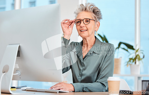 Image of Computer email, reading and business woman networking, working reception and corporate research on the internet. Company receptionist, online planning and senior worker typing information on a pc