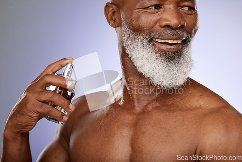 Image of Senior man, smile and perfume for fragrance, aroma and natural beauty against grey studio background. Mature male, elderly gentleman and cologne for fresh, manly scent and smell good for luxury.