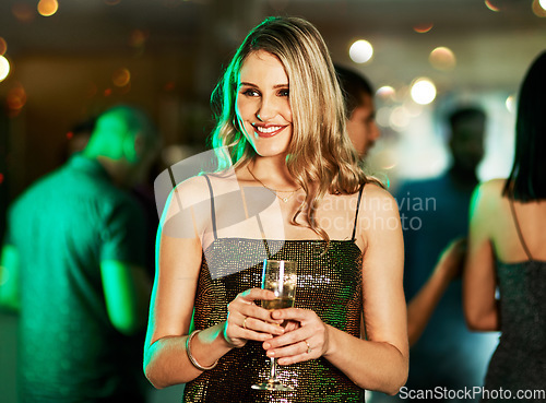 Image of Party, event and woman with champagne at nightclub, having fun or drinking. Celebration, clubbing and happy female holding cocktail celebrating new year, partying or enjoying time at social gathering