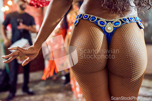 Image of Samba, butt and carnival dancer with creative fashion, body performance and culture at an event in Rio de Janeiro, Brazil. Sexy, clothes and bum of a dancing woman at a salsa party or music festival
