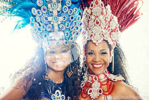 Image of Festival, carnival and with portrait of women in colourful costumes for dance, party and celebration in rio de janeiro. Culture, salsa and performance with face of girl for music, social and artist