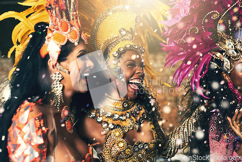 Image of Women, samba and dancers hugging and bonding in costume before a carnival celebration. Party, festival and group of ladies in creative outfits in Rio de Janeiro for artist or artistic performance