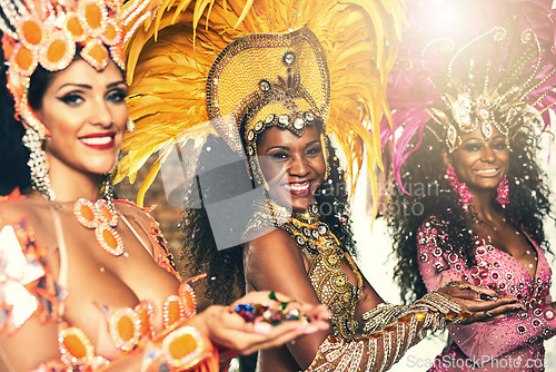 Image of Dance, samba and portrait of women at event outdoor for culture, tradition and celebration. Happy, smile and people from Brazil dancing at traditional festival, concert or carnival in Rio de Janeiro.