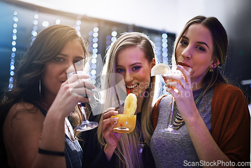 Image of Friends with cocktail drinks, women party at nightclub with alcohol and ladies night in Los Angeles, happy hour portrait. Cocktails, smile and fun together at club, celebration or social event.