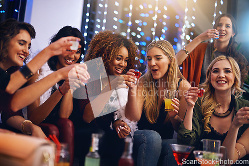 Image of Party, nightclub and friends with alcohol shots for birthday celebration, ladies night and social event. Cheers, toast and women drinking to celebrate happy hour at disco, rave and cocktail bar