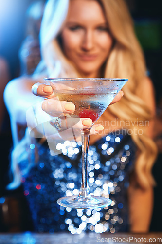 Image of Party, nightclub and woman with cocktail in hand ready for celebration, toast and cheers on dance floor. Social event, happy hour and closeup of girl with alcoholic drink at disco, rave and club