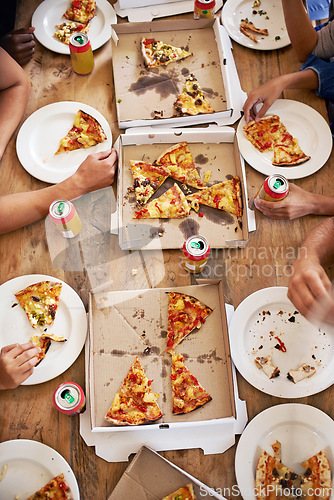 Image of Restaurant, pizza and people hands with food, soda and eating for celebration, birthday party and group event in cafeteria table. Above of friends with plate of fast food, drink and dinner or lunch