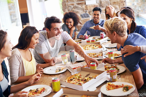 Image of Lunch, happy friends and pizza party with food, drinks and conversation, social gathering and get together. Young people, group and happiness at fast food pizzeria, restaurant and celebration at home