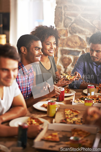 Image of Friends eat pizza, lunch and food at restaurant with fun together on friendship date, party or celebration. Fast food, table and social gathering, event and dinner meal with soda in Chicago diner.