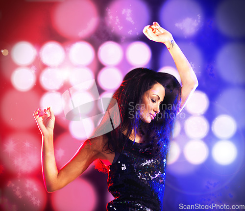 Image of Party, music and girl dance to disco, concert or festive against light, color and bokeh background, sexy and confident. Event, woman and dancing to band, dj or stereo in celebration of birthday fun