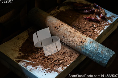 Image of Grinding cacao beans with chili peppers