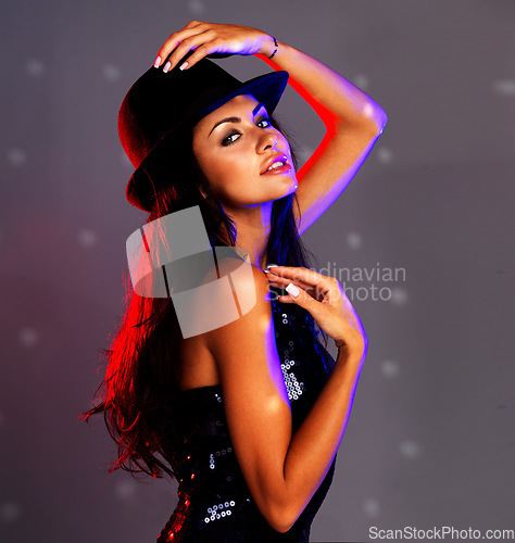 Image of Fashion, beauty and party of a sexy woman with fashionable style in attractive pose for a disco, concert or event. Portrait of a young female model ready for a club night, DJ music or house fun.