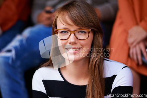 Image of Smile, portrait and student at a party, college social and education event to celebrate with happiness. Studying, happy glasses and face of a woman at university concert with a scholarship to study