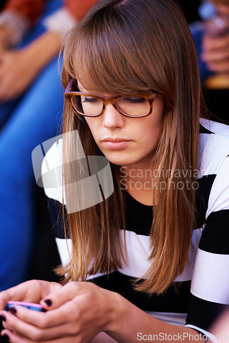 Image of Girl, smartphone and contact, text message or social media check, communication and technology with young, gen z youth. Online, social network and mobile phone with app and internet, wifi and 5g.