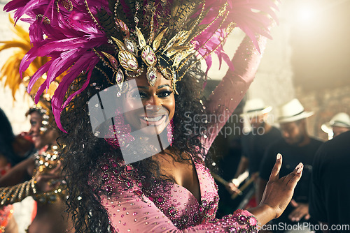 Image of Party, dancing and portrait of samba dancer at carnival, festival and traditional celebration in Brazil. Culture, costume and face of black woman ready for dance, performance and music with band