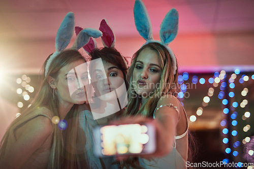 Image of Phone, party or friends take a selfie for a social media profile picture on girls night in celebration of a happy birthday. Faces, freedom or young gen z women taking pictures for online content