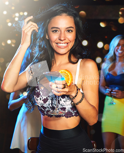 Image of Woman, party and cocktail drink at nightclub, holiday celebration and new year portrait, happy ladies night and social. Celebrate, alcohol and drinking at club with happy hour and fruit cocktails