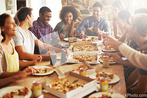 Image of Friends, happy with pizza at restaurant, fast food and soda with group on lunch or dinner date, happiness and nutrition. Food, friendship and meal at New York pizzeria, party and social gathering.