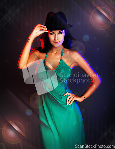 Image of Woman, disco portrait and fashion dress by dark studio background for party, club or dancing in night. Smile, happy rock model or smile in nightclub, social or new year for event, lens flare or shine