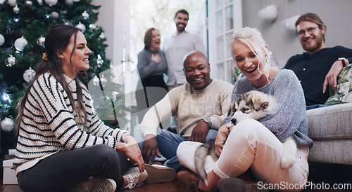 Image of Christmas, dog and party with friends in living room for celebration, relax and festive. Happy, holiday and xmas with pet and group of people at home for gathering, reunion and social event together