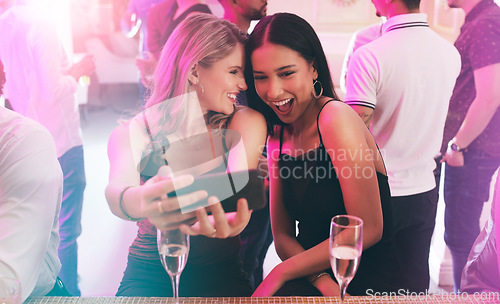 Image of Friends, selfie and wine with women at party in nightclub for celebration, new year and social media. Disco, music and smile with girl and phone at cocktail event for energy, happy hour and dance