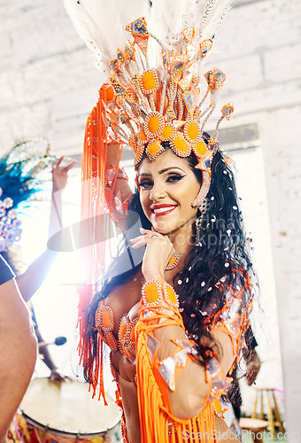 Image of Carnival, festival and portrait of samba dancer ready for dancing, performance and festive celebration in Brazil. Culture, costume and face of woman excited for dance event, concert and party in rio